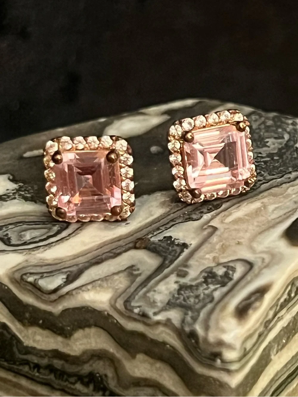 Rose Gold Pink Square Stone Halo 925 Silver Stud Earrings